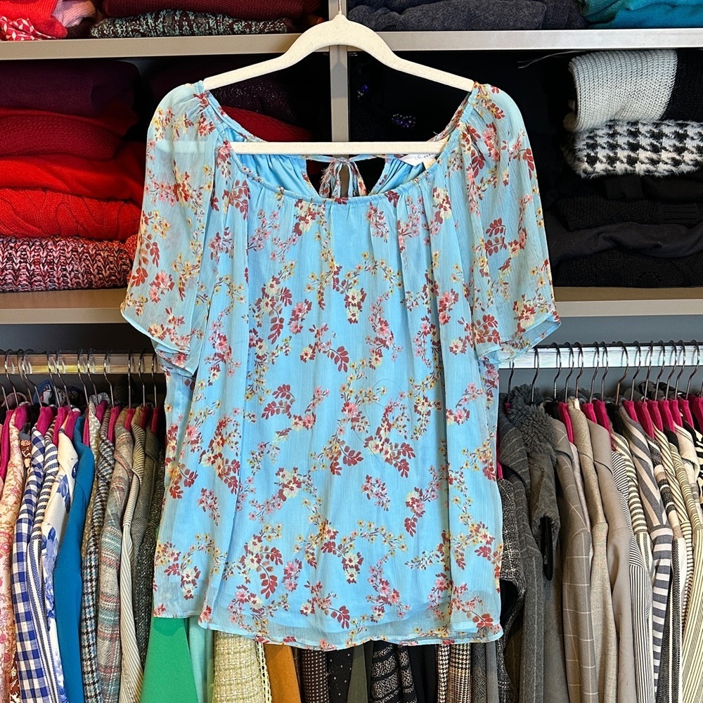 Lauren Conrad blue/pink short sleeve back tie lined blouse size M